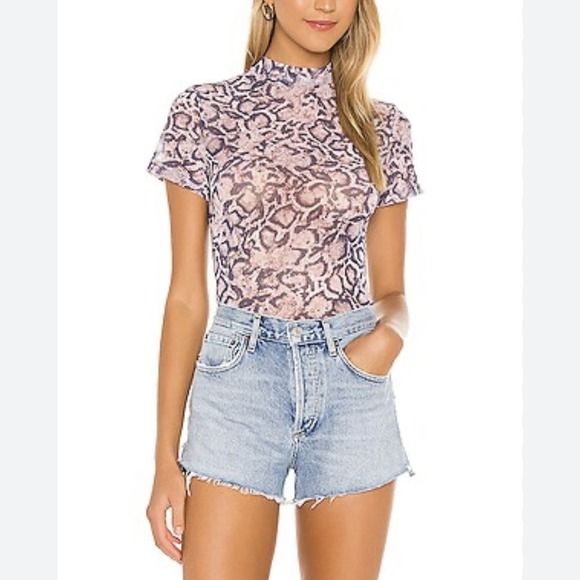 LNA Top Womens Large Snakeskin Mesh Mock Neck Short Sleeve Snake Print Fitted - Picture 8 of 8